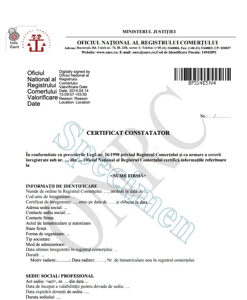 Certificat constatator ONRC online – specimen document original emis de Registrul Comerțului cu semnătură electronică calificată, marcare temporală, watermark și cod de bare